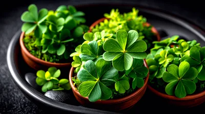 Potted Clover Plants On A Decorative Tray