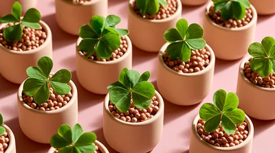 Small Potted Clover Plants on Pink Background