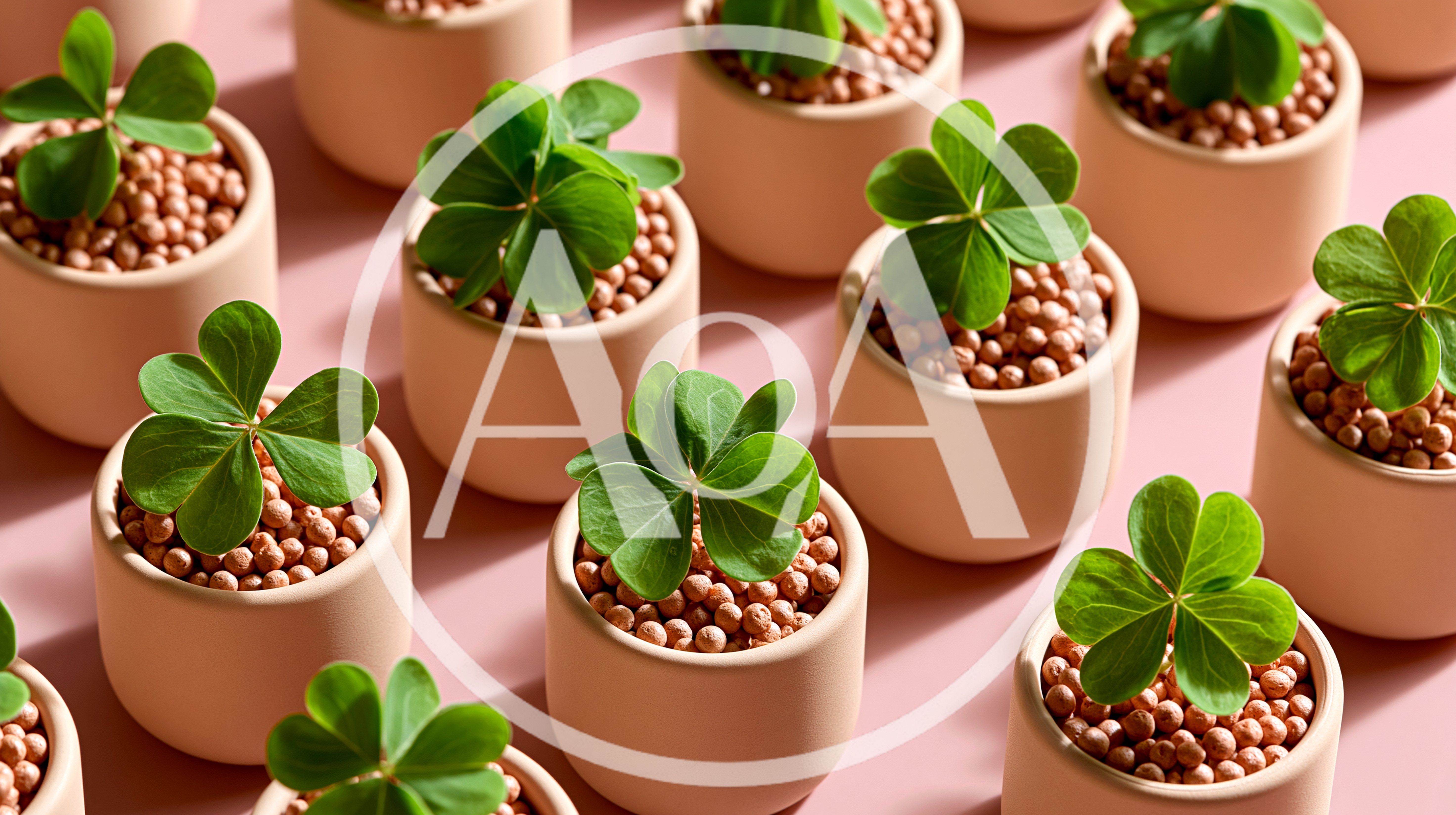 Small Potted Clover Plants on Pink Background
