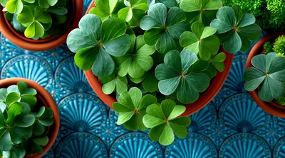Potted Clover Plants on Decorative Blue Tile Background