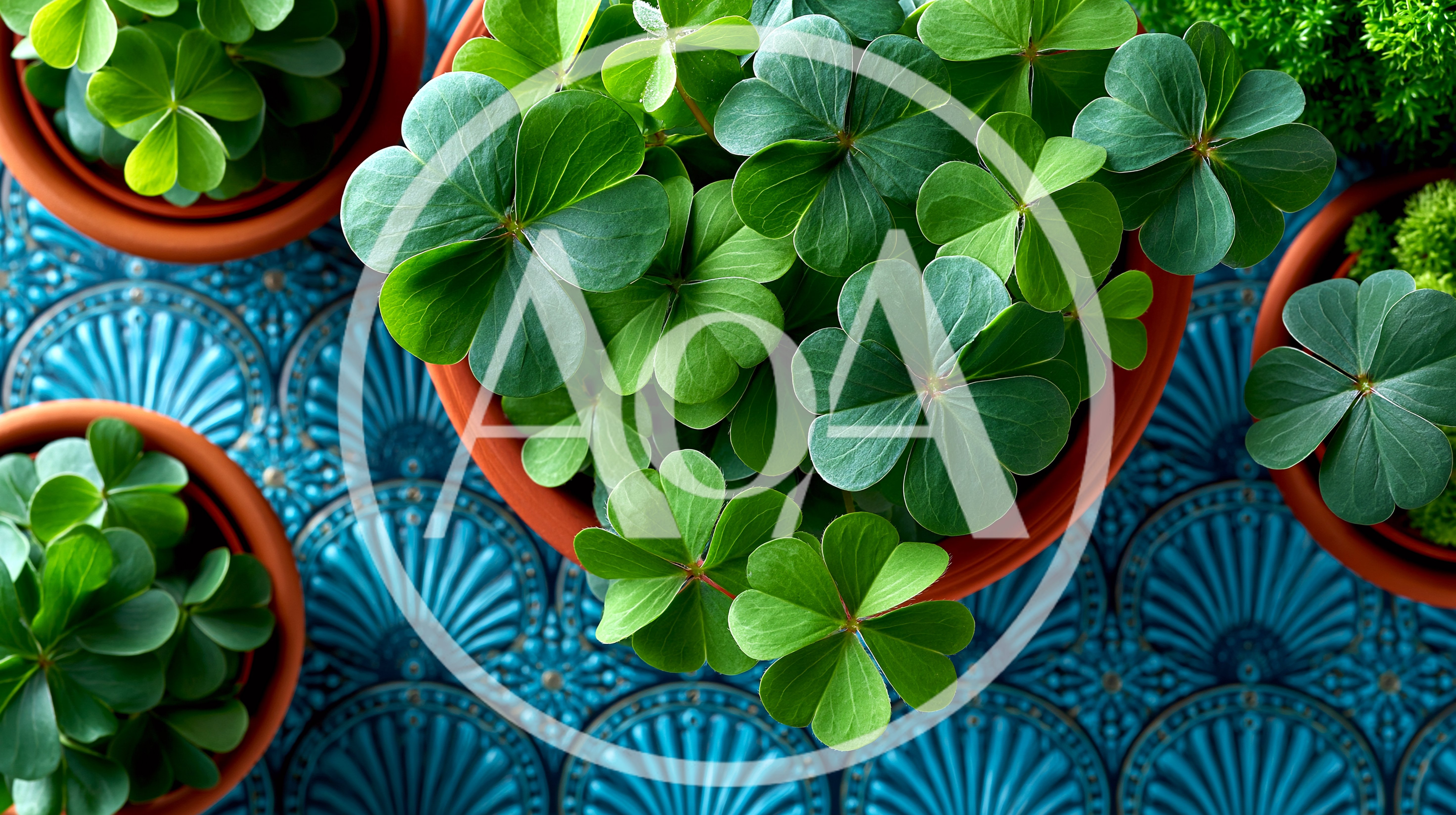 Potted Clover Plants on Decorative Blue Tile Background