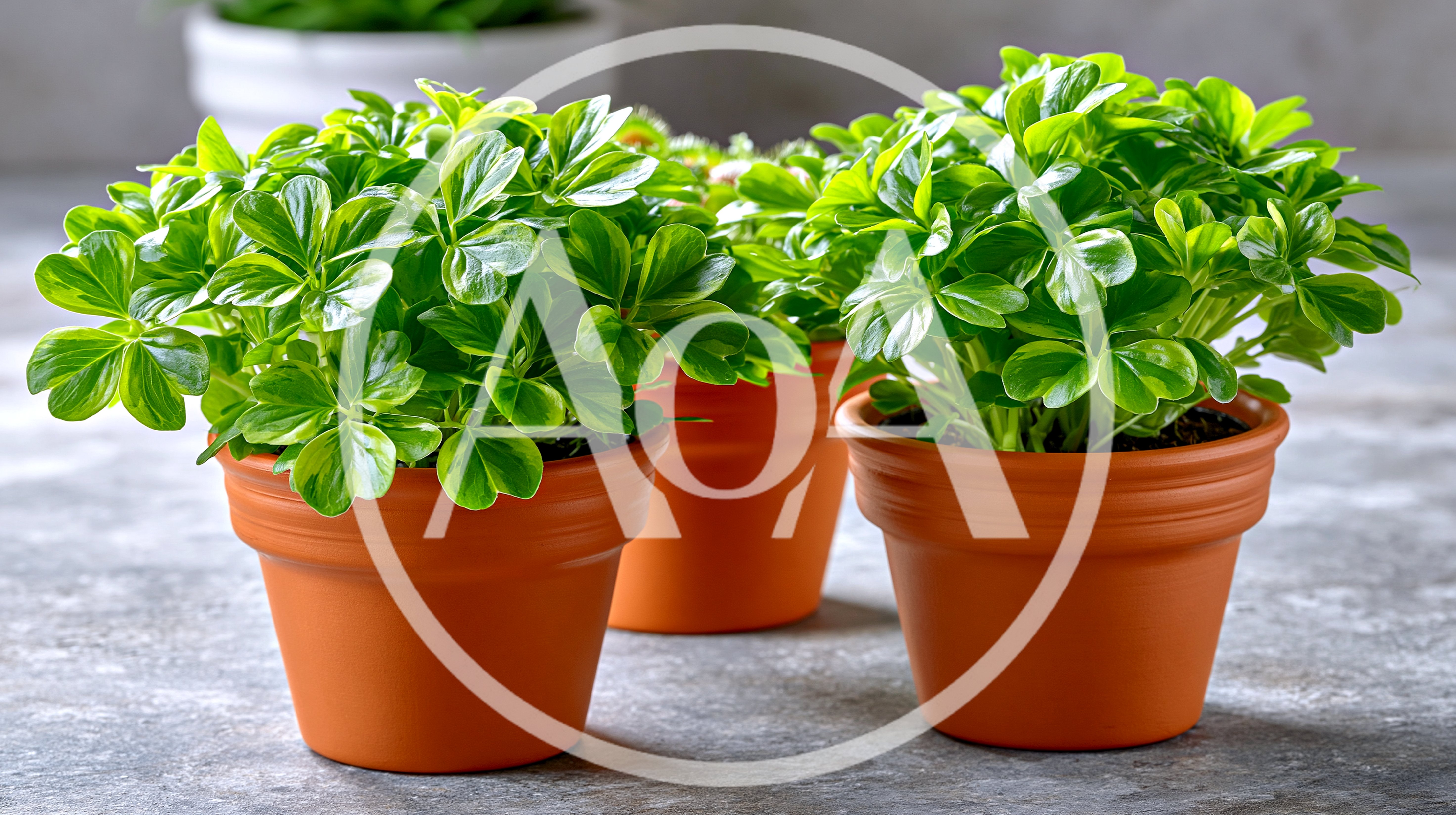 Three Potted Green Plants On A Grey Surface