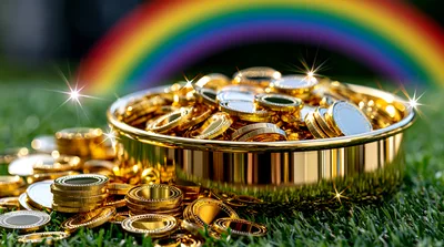 Golden Coins In A Bowl With Rainbow Background