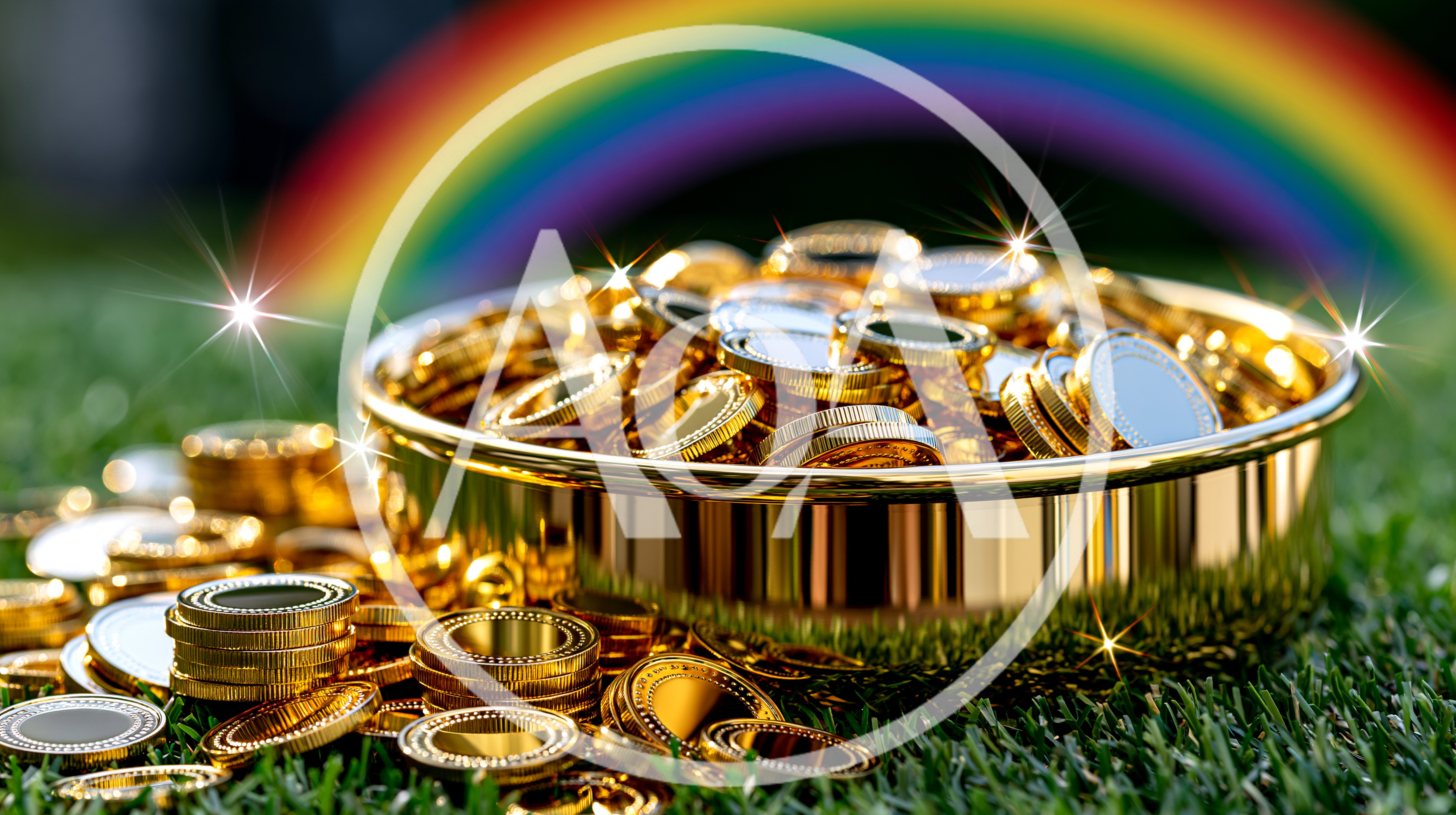 Golden Coins In A Bowl With Rainbow Background