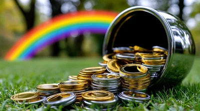 Pot of Gold Coins Spilled on Green Grass