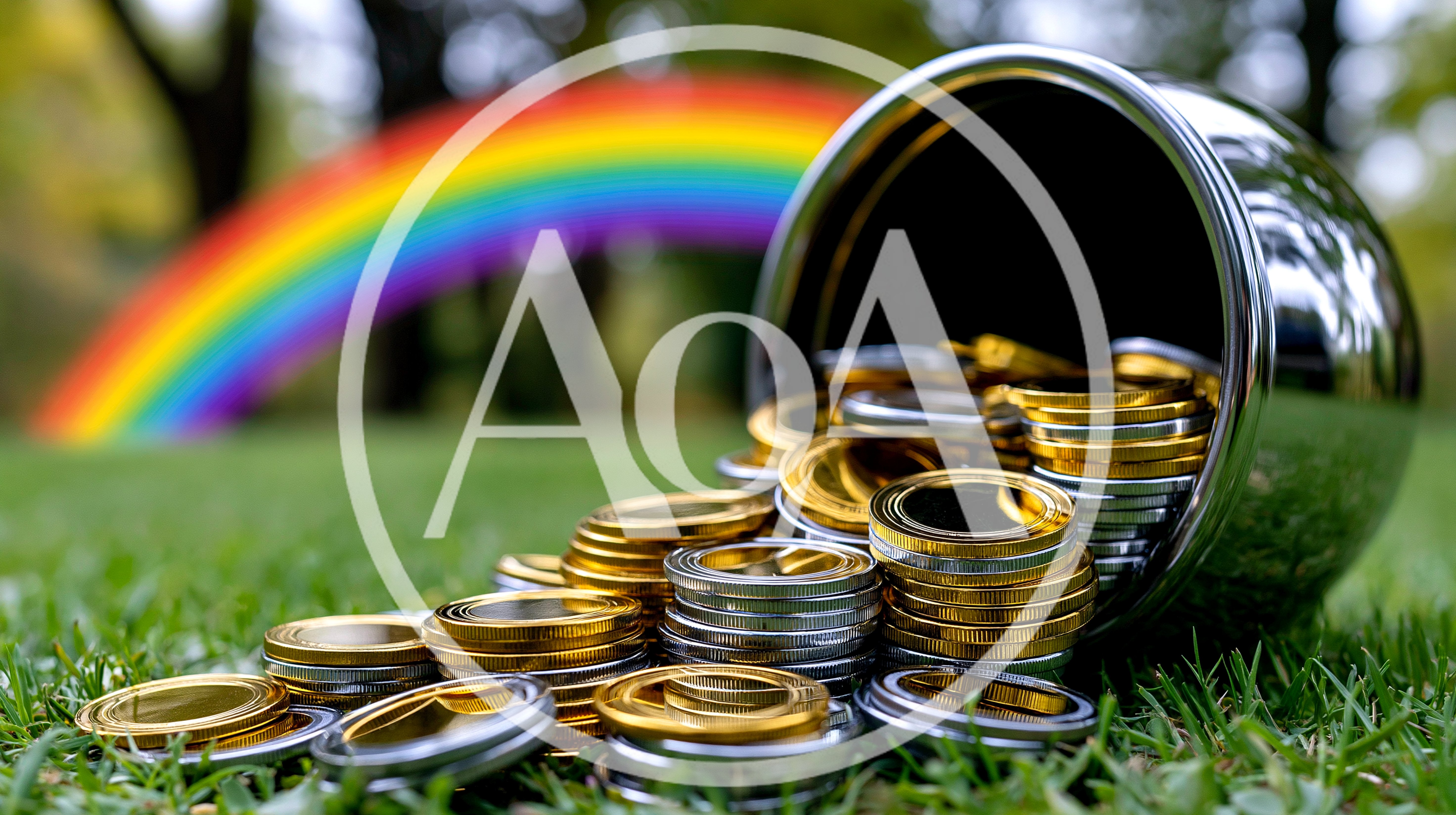 Pot of Gold Coins Spilled on Green Grass