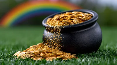 Pot Of Gold Coins On Green Grass