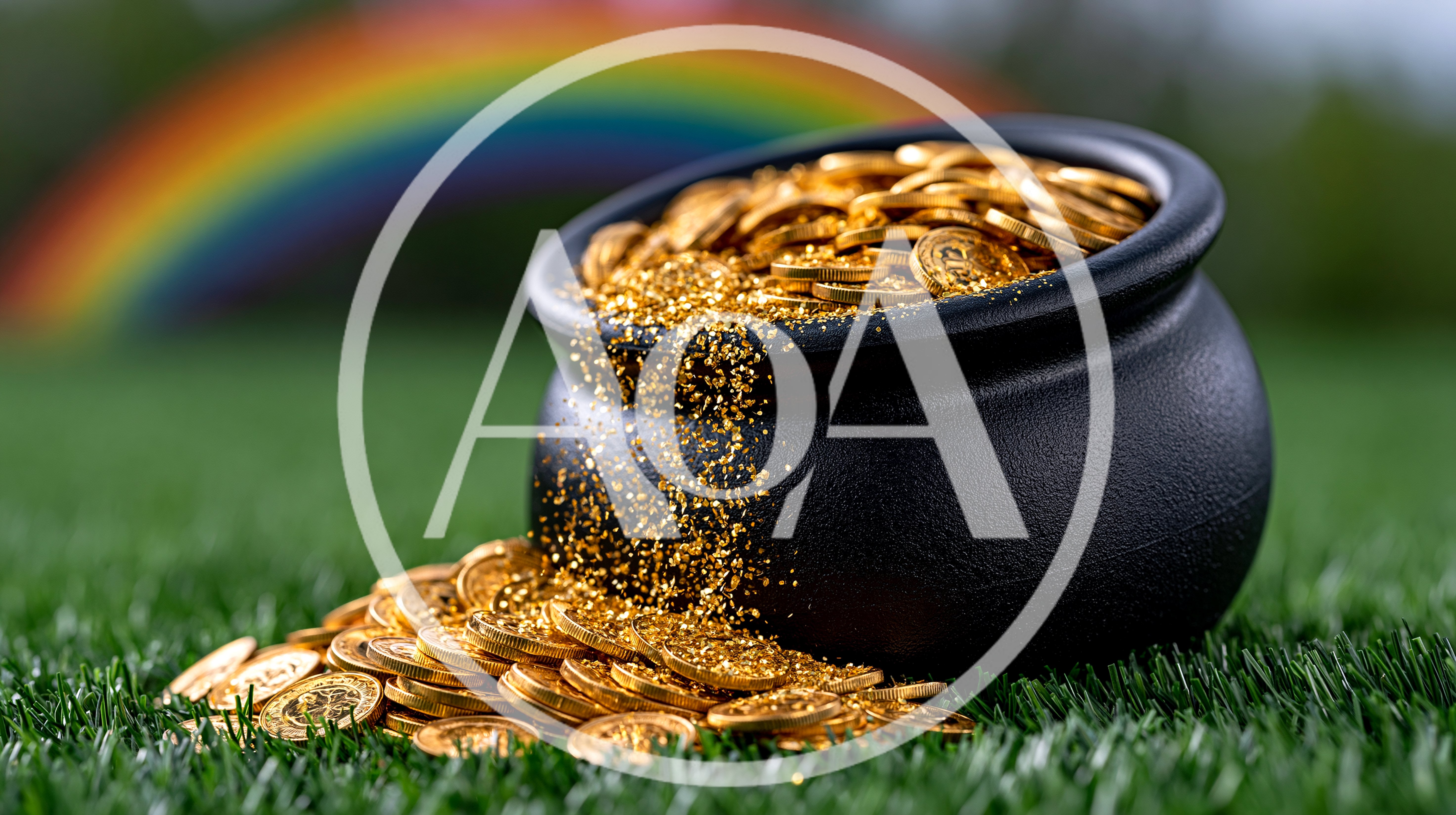 Pot Of Gold Coins On Green Grass