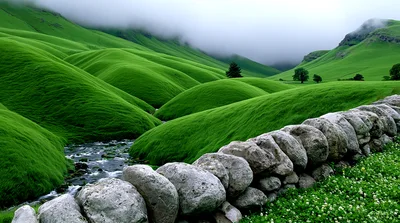 Rolling Green Hills With A Stone Wall And Stream