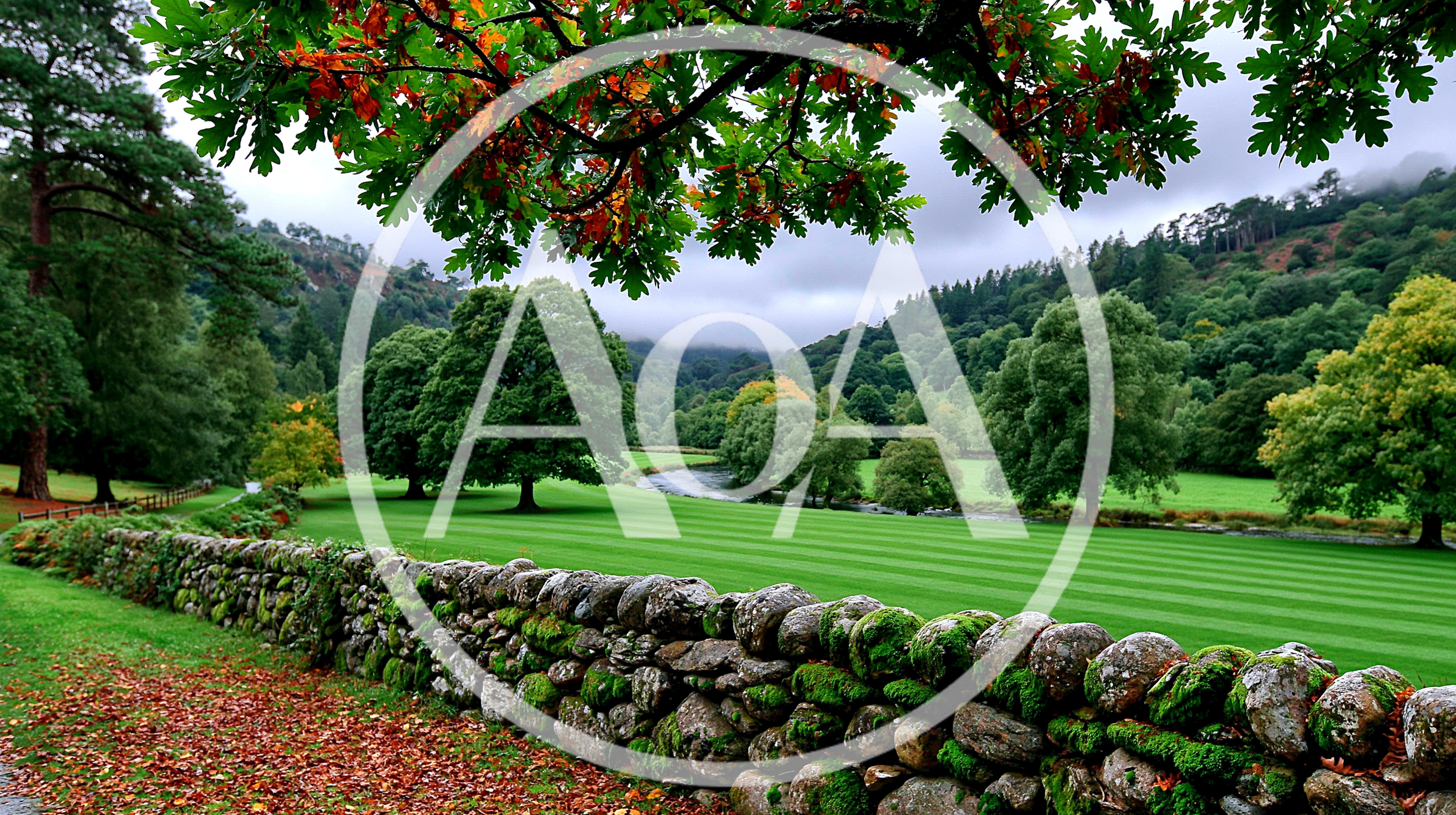 Scenic Landscape With Stone Wall And Lush Green Meadow