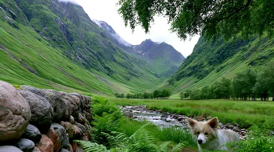 Border Collie Sitting By A Stream In Glen Coe