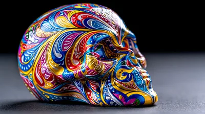Colorful Psychedelic Patterned Human Skull Sculpture