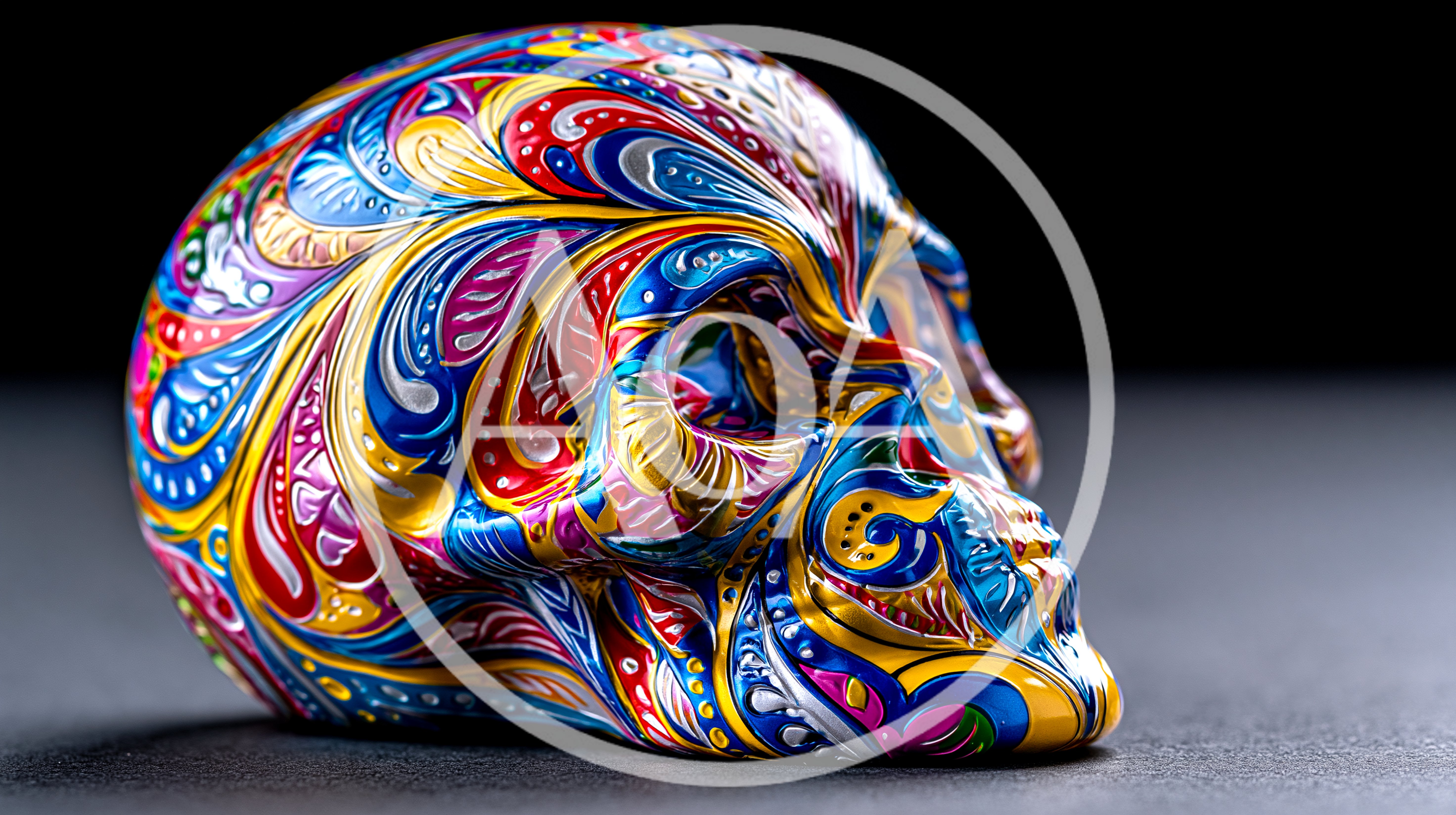 Colorful Psychedelic Patterned Human Skull Sculpture