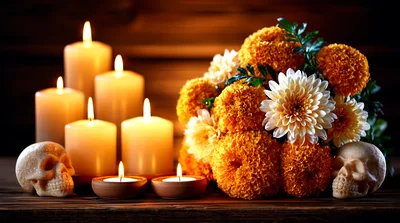 Day of the Dead Altar with Marigolds and Candles