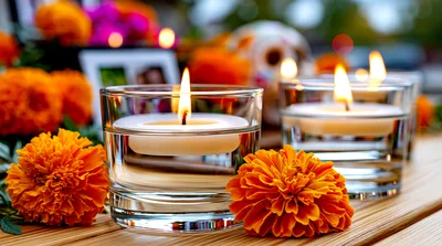 Lit Candles And Marigold Flowers For Dia De Los Muertos