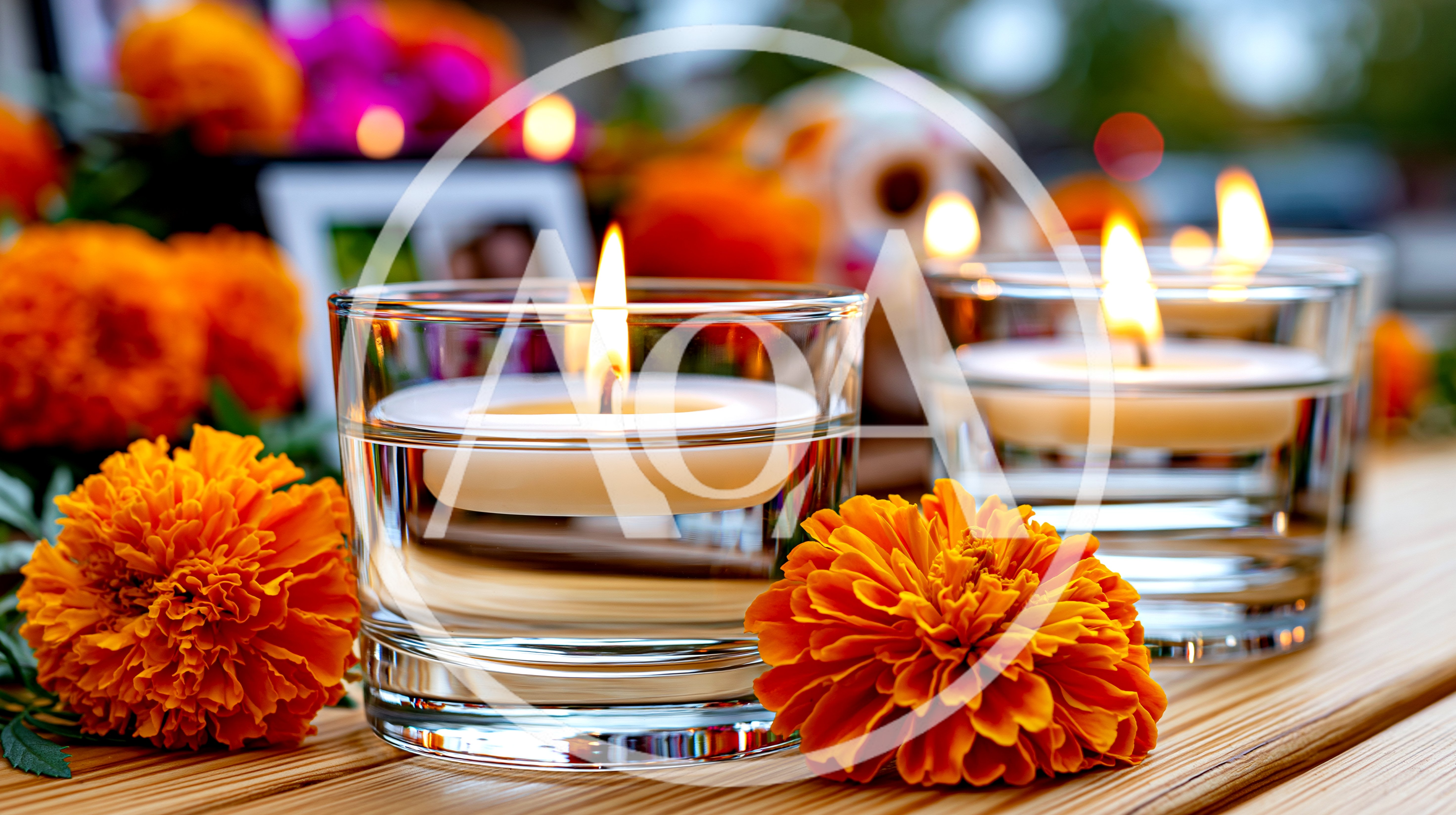 Lit Candles And Marigold Flowers For Dia De Los Muertos