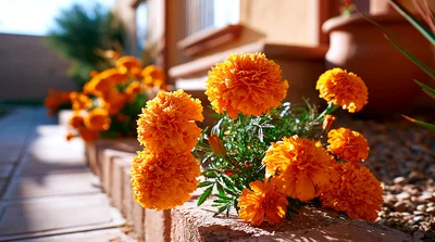 Bright Orange Marigold Flowers In A Garden Bed