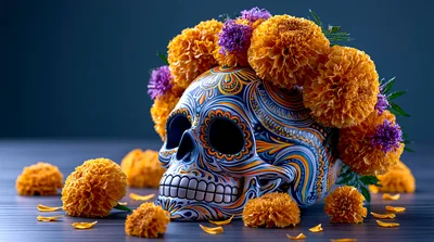 Sugar Skull Decorated With Marigold Flowers