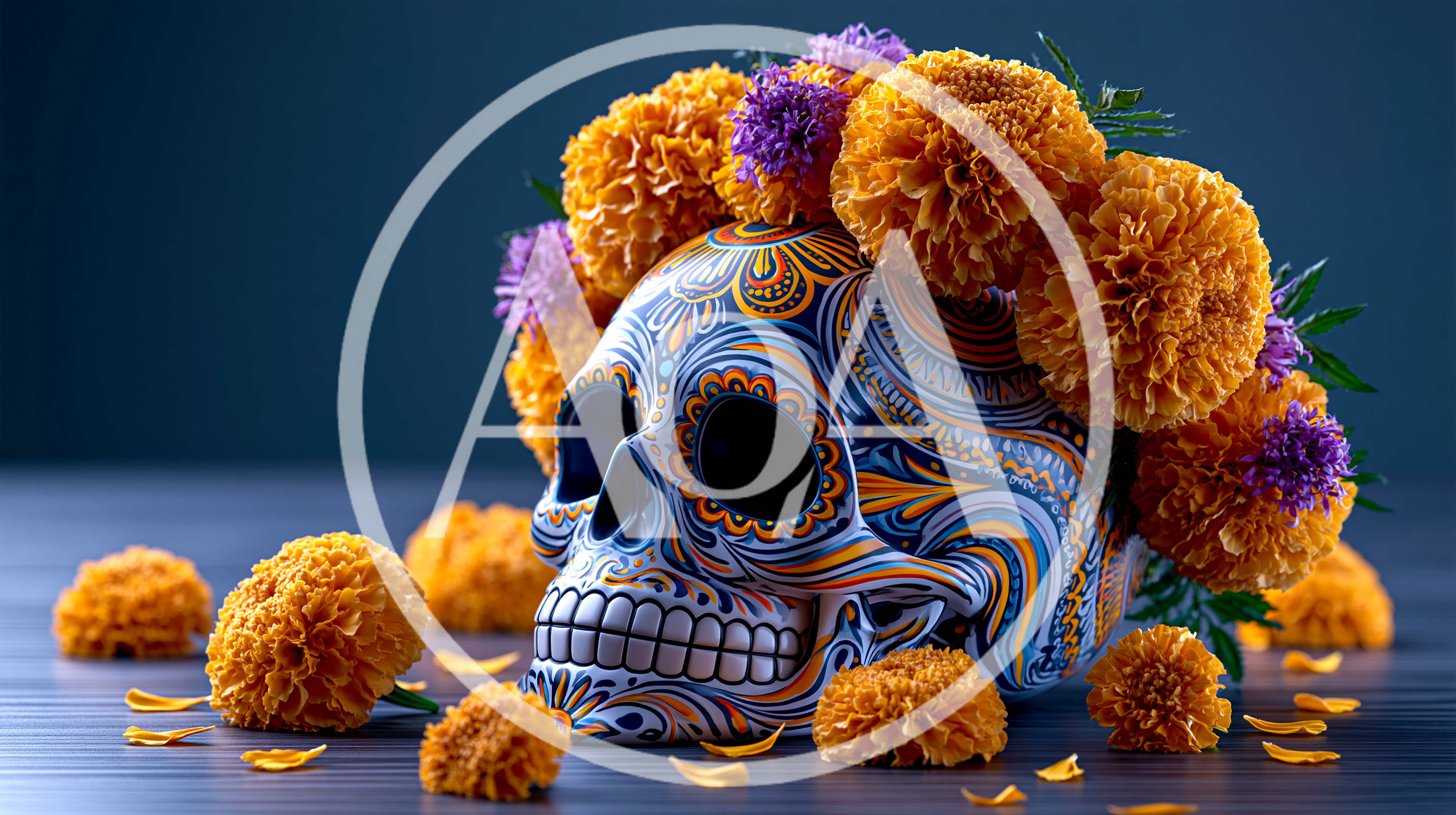 Sugar Skull Decorated With Marigold Flowers