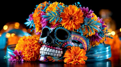 Sugar Skull Decorated With Marigold Flowers