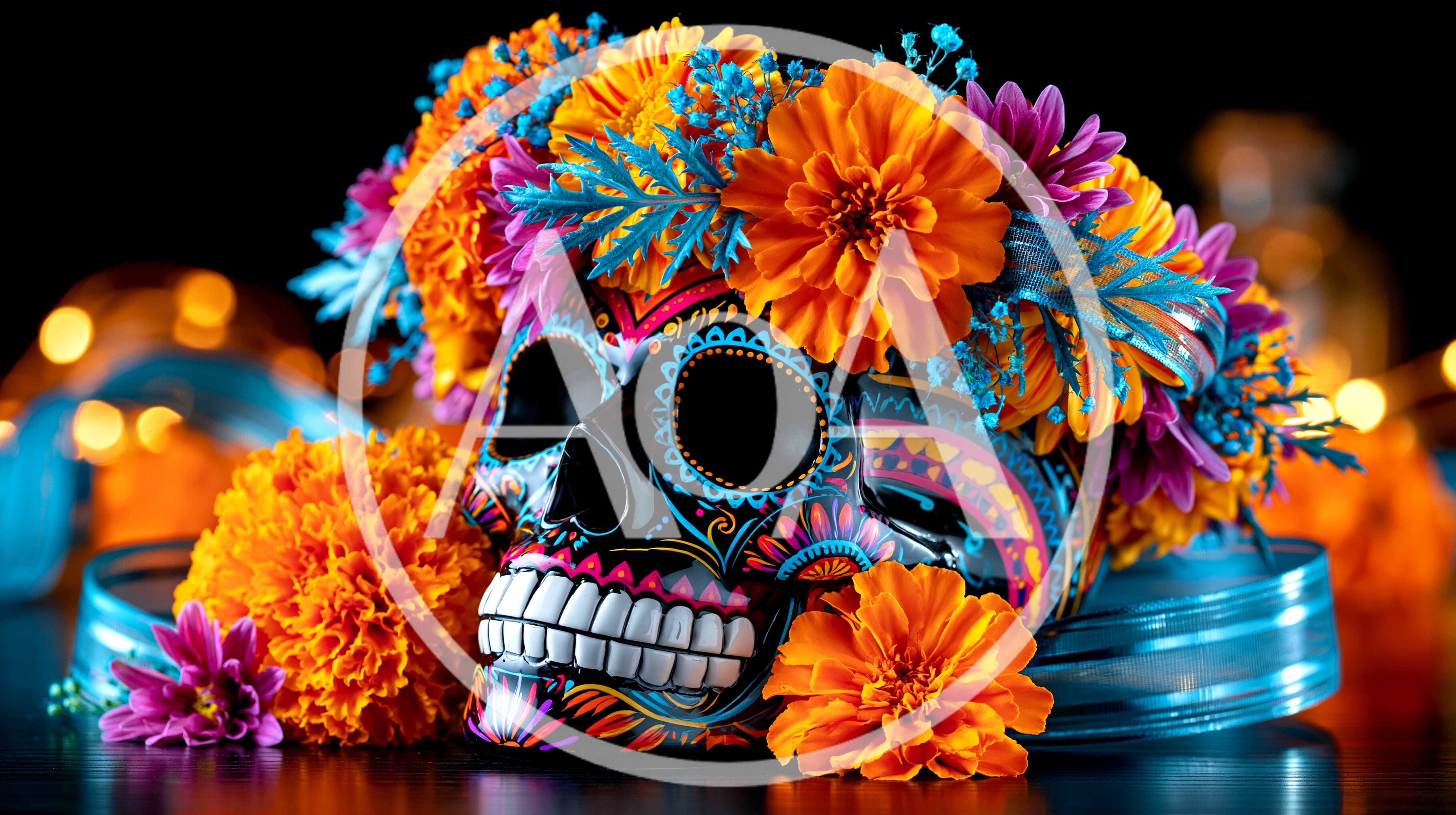 Sugar Skull Decorated With Marigold Flowers