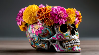 Sugar Skull Decorated With Vibrant Flowers
