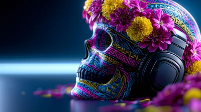 Day Of The Dead Skull With Headphones And Flowers