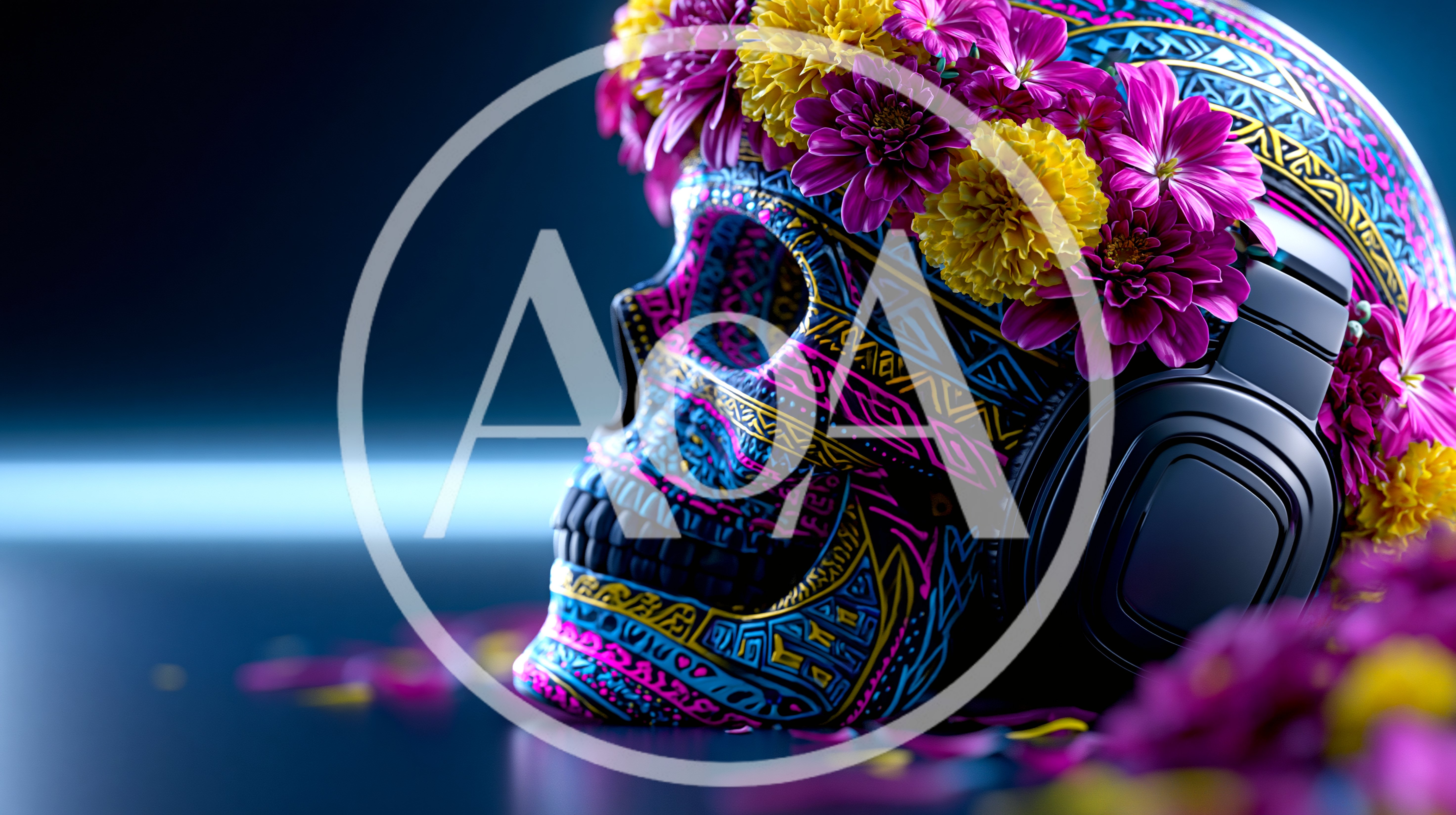 Day Of The Dead Skull With Headphones And Flowers
