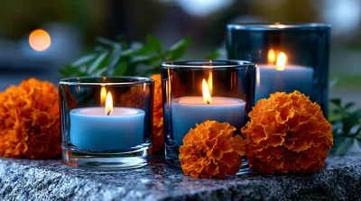 Lit Candles And Marigold Flowers On Stone Surface
