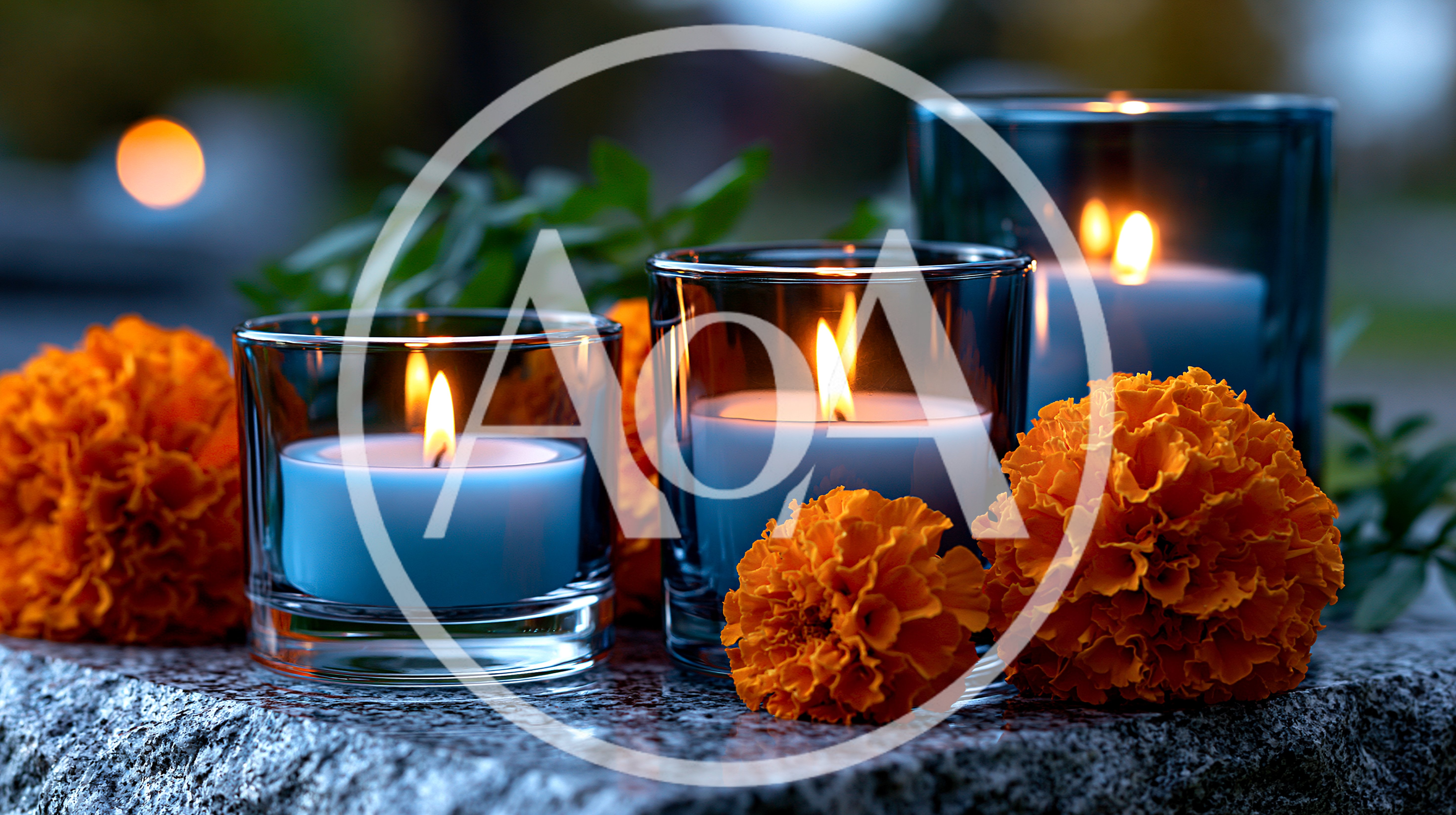 Lit Candles And Marigold Flowers On Stone Surface