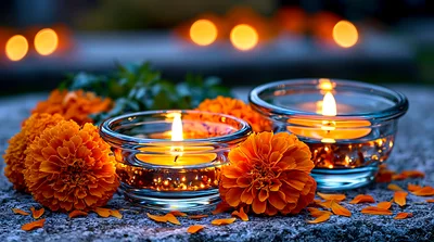 Marigold Flowers And Lit Candles For Diwali Celebration
