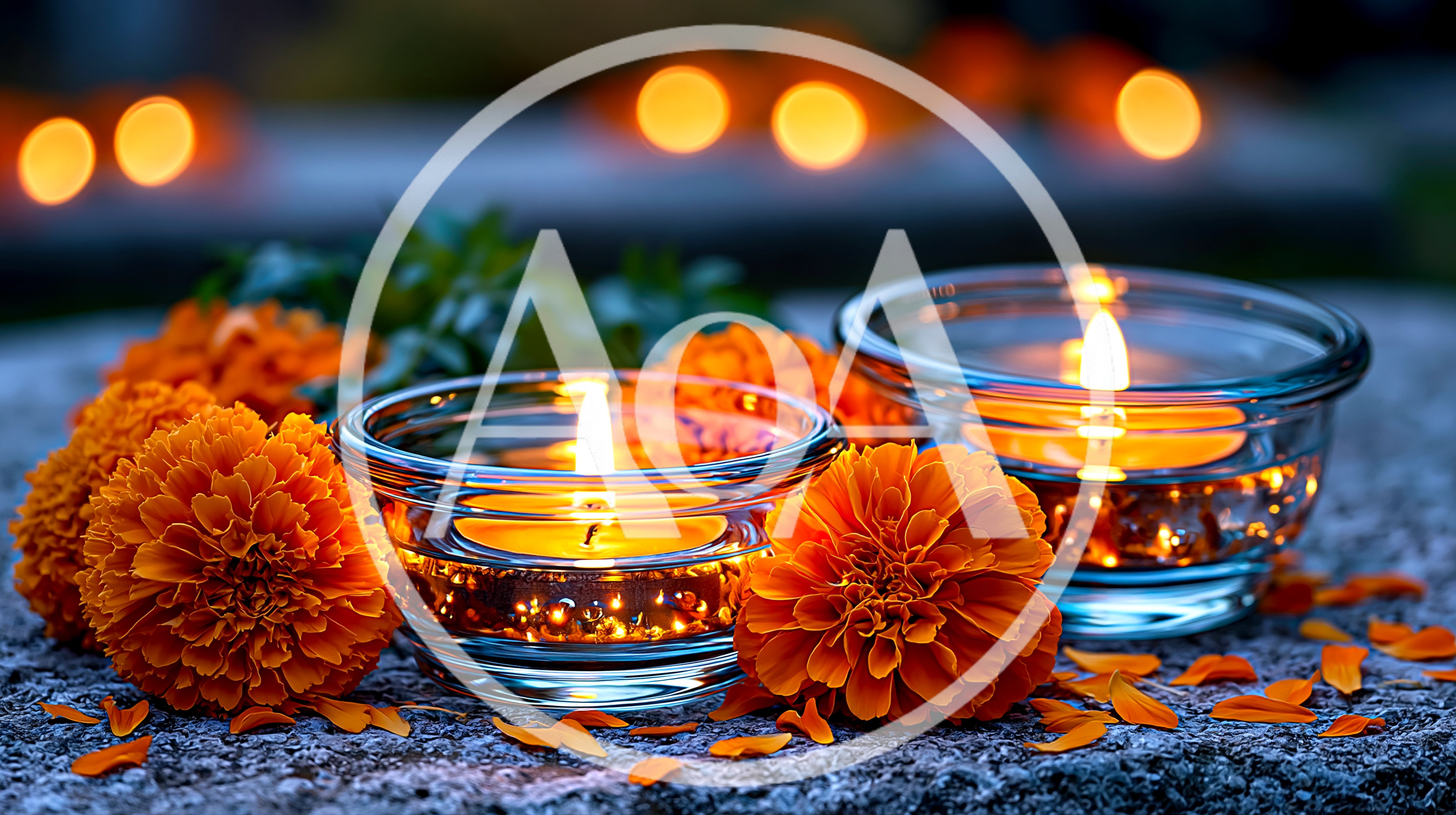 Marigold Flowers And Lit Candles For Diwali Celebration