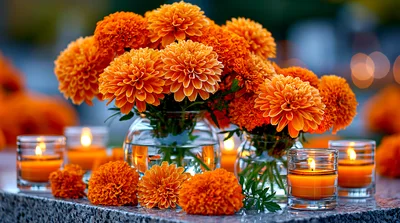 Orange Marigold Flowers In Glass Vases With Candles