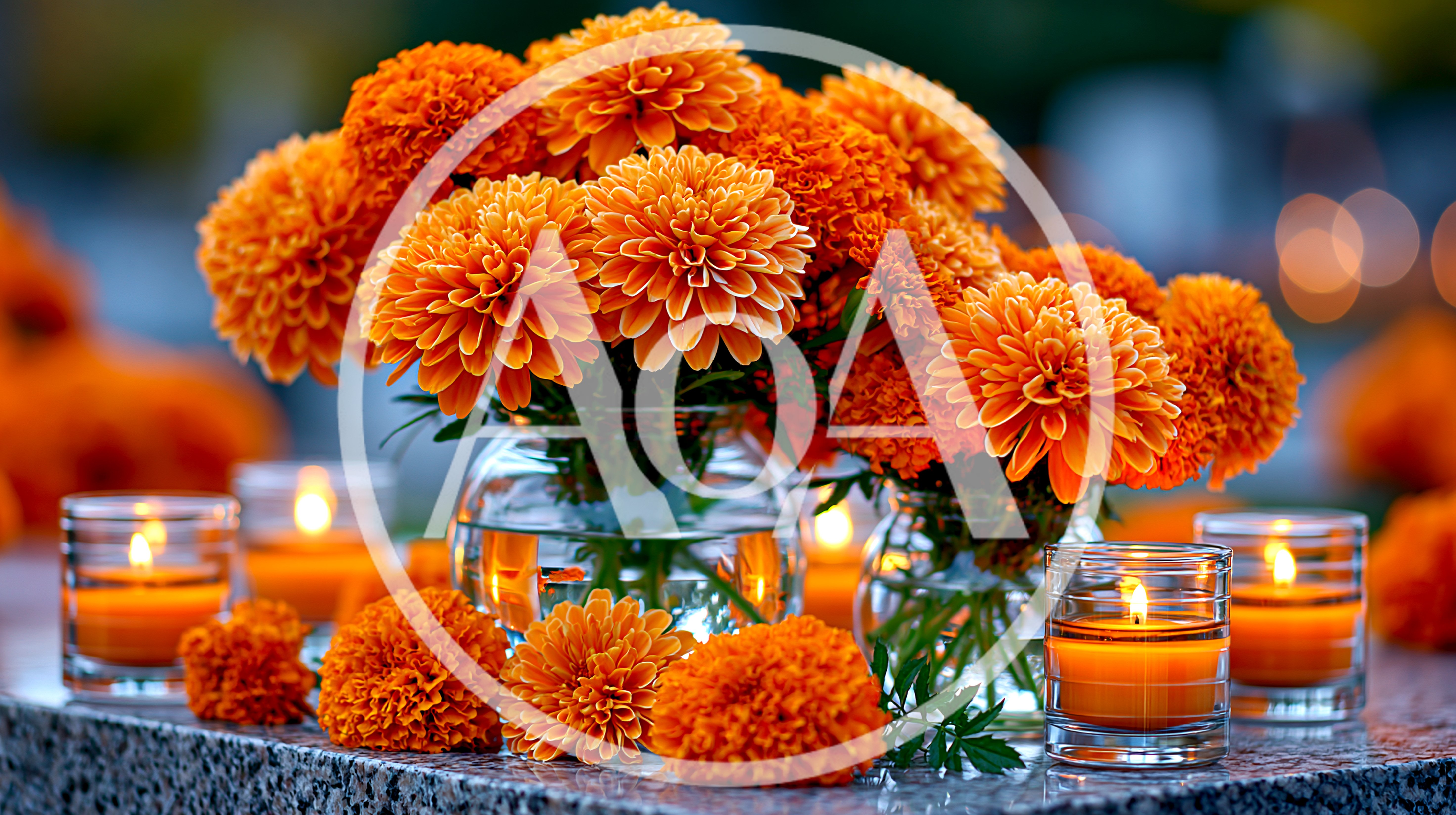 Orange Marigold Flowers In Glass Vases With Candles