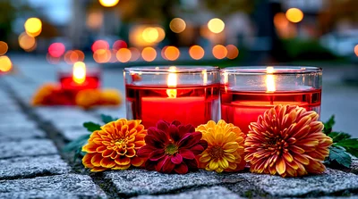 Two Red Candles With Autumn Flowers On Cobblestone