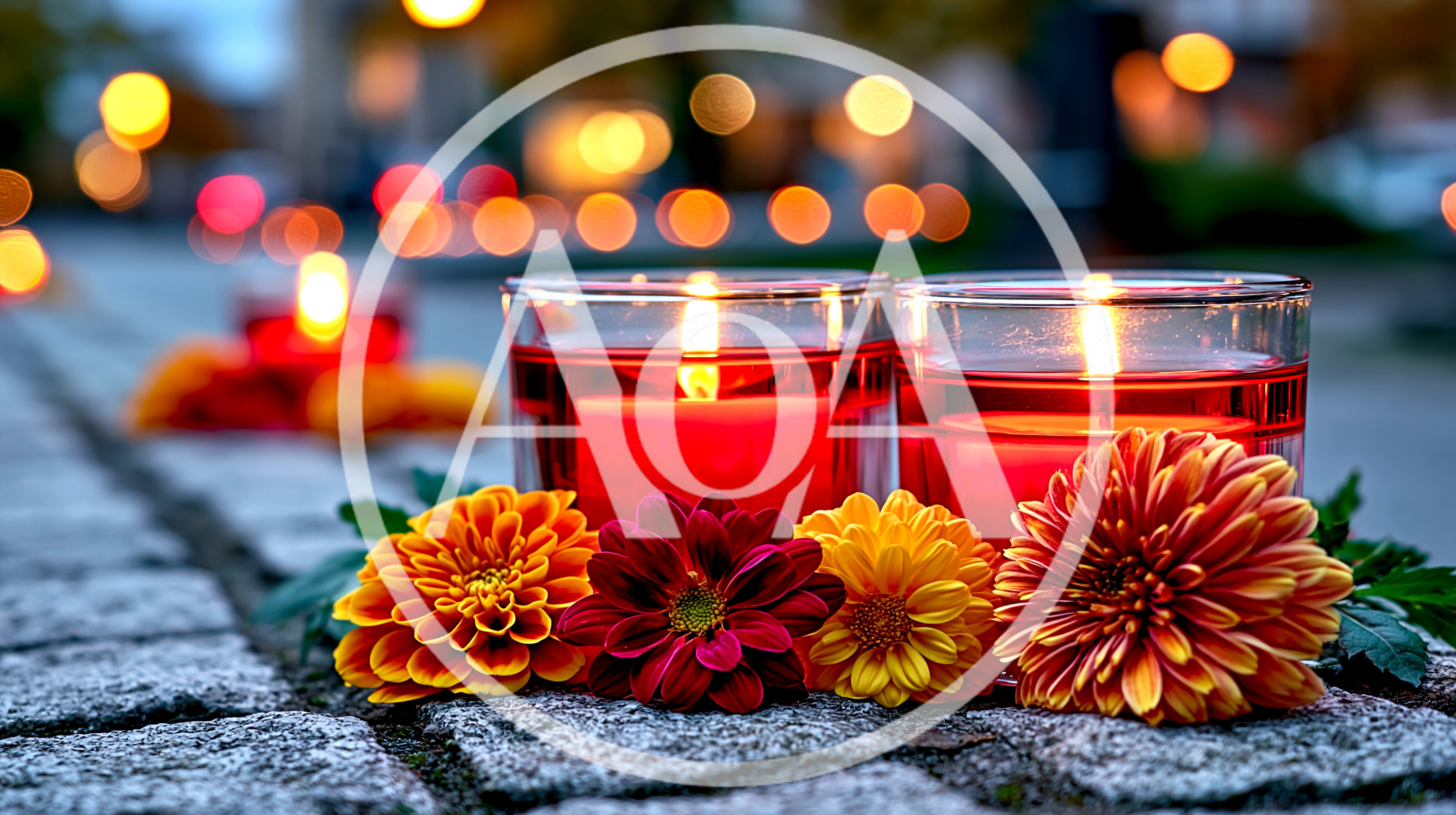 Two Red Candles With Autumn Flowers On Cobblestone