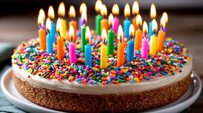 Birthday Cake With Many Colorful Lit Candles