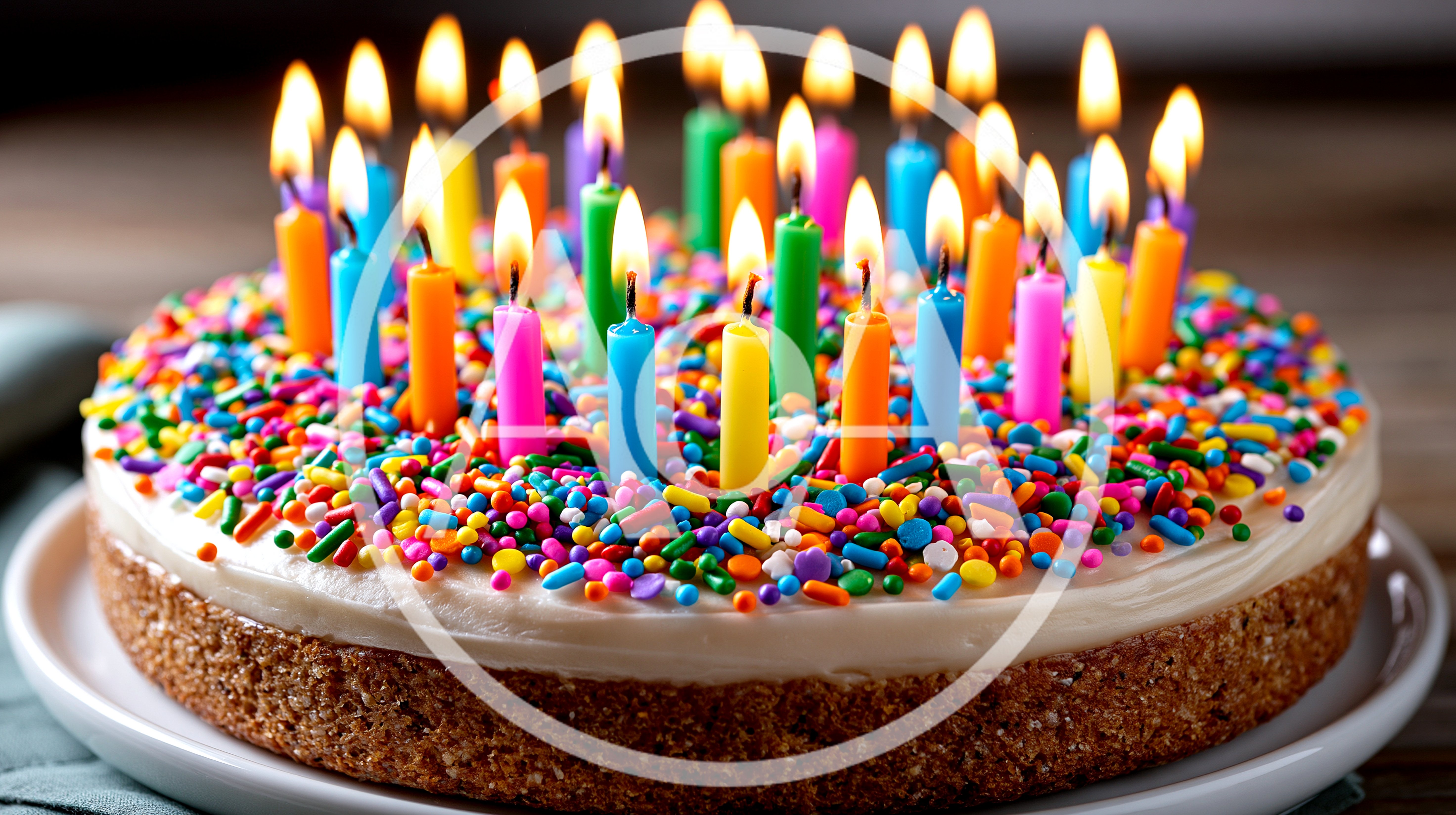 Birthday Cake With Many Colorful Lit Candles