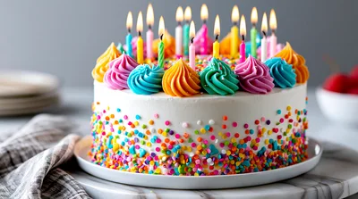 Birthday Cake With Colorful Sprinkles And Lit Candles