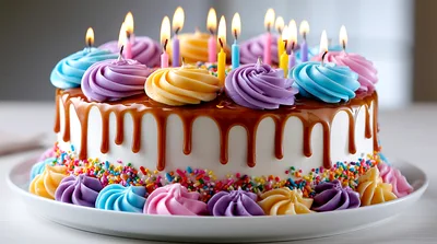 Birthday Cake With Caramel Drip And Colorful Candles