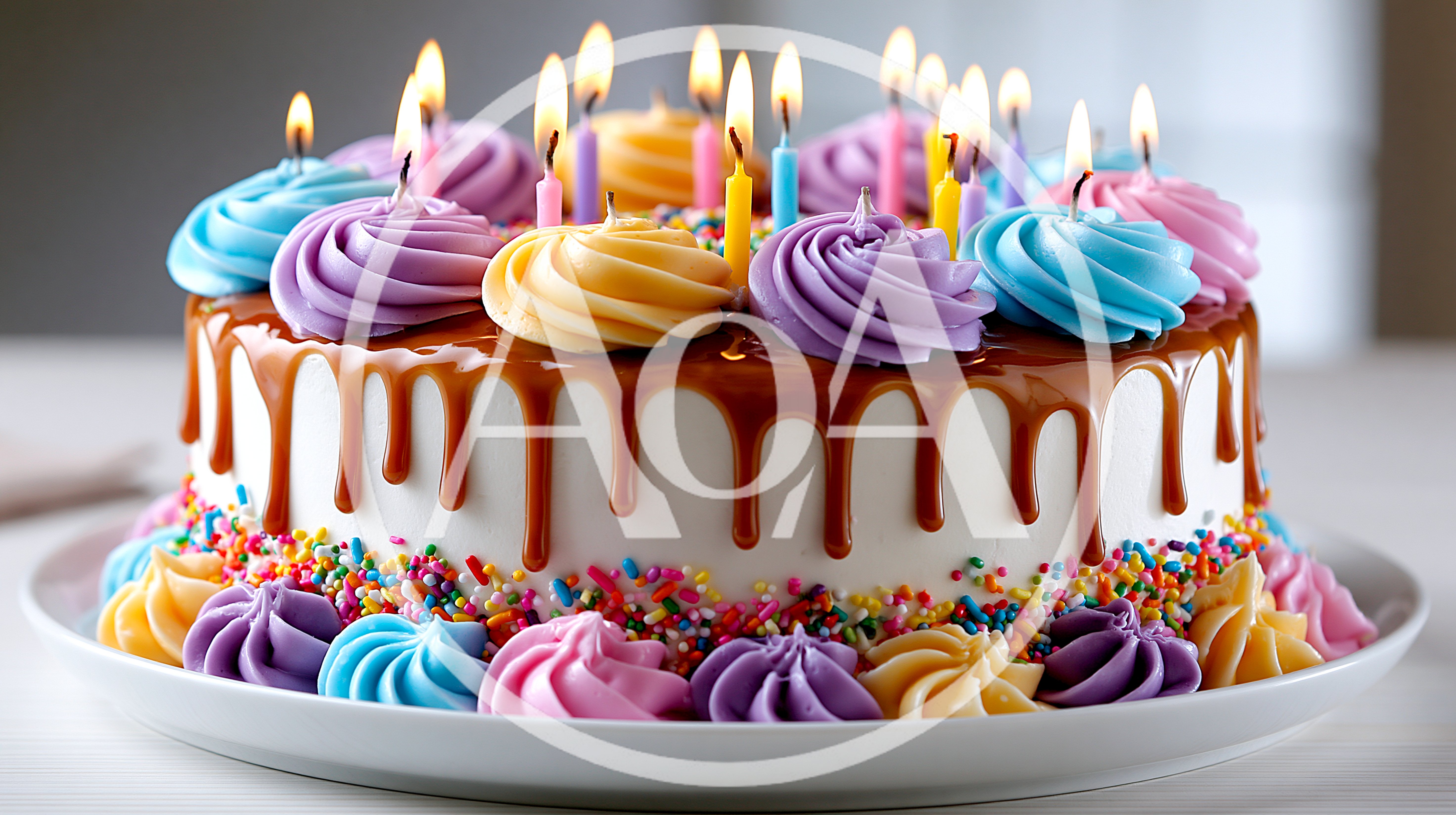 Birthday Cake With Caramel Drip And Colorful Candles