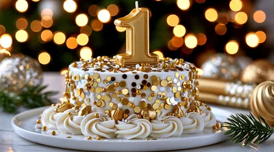 First Birthday Cake With Gold Confetti Decorations