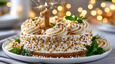 First Birthday Cake With Gold Candle And Sparkler