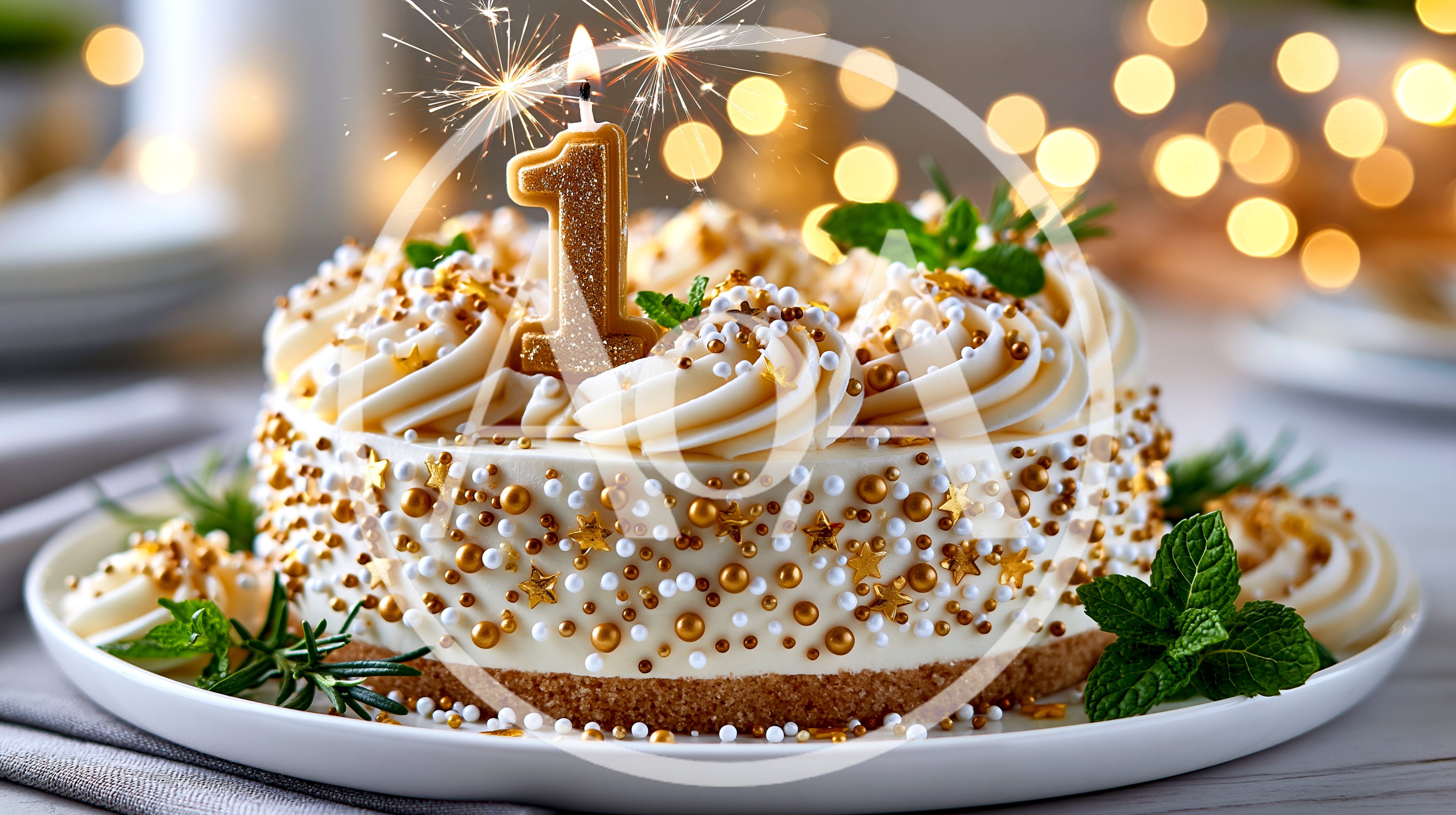 First Birthday Cake With Gold Candle And Sparkler