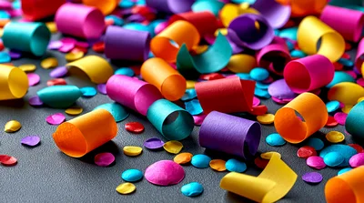 Colorful Paper Confetti And Streamers On Dark Surface