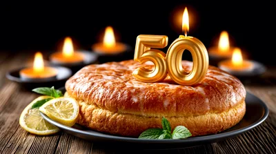 Golden 50th Birthday Cake With Lit Candles