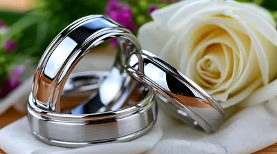 Two Silver Wedding Rings Beside A White Rose