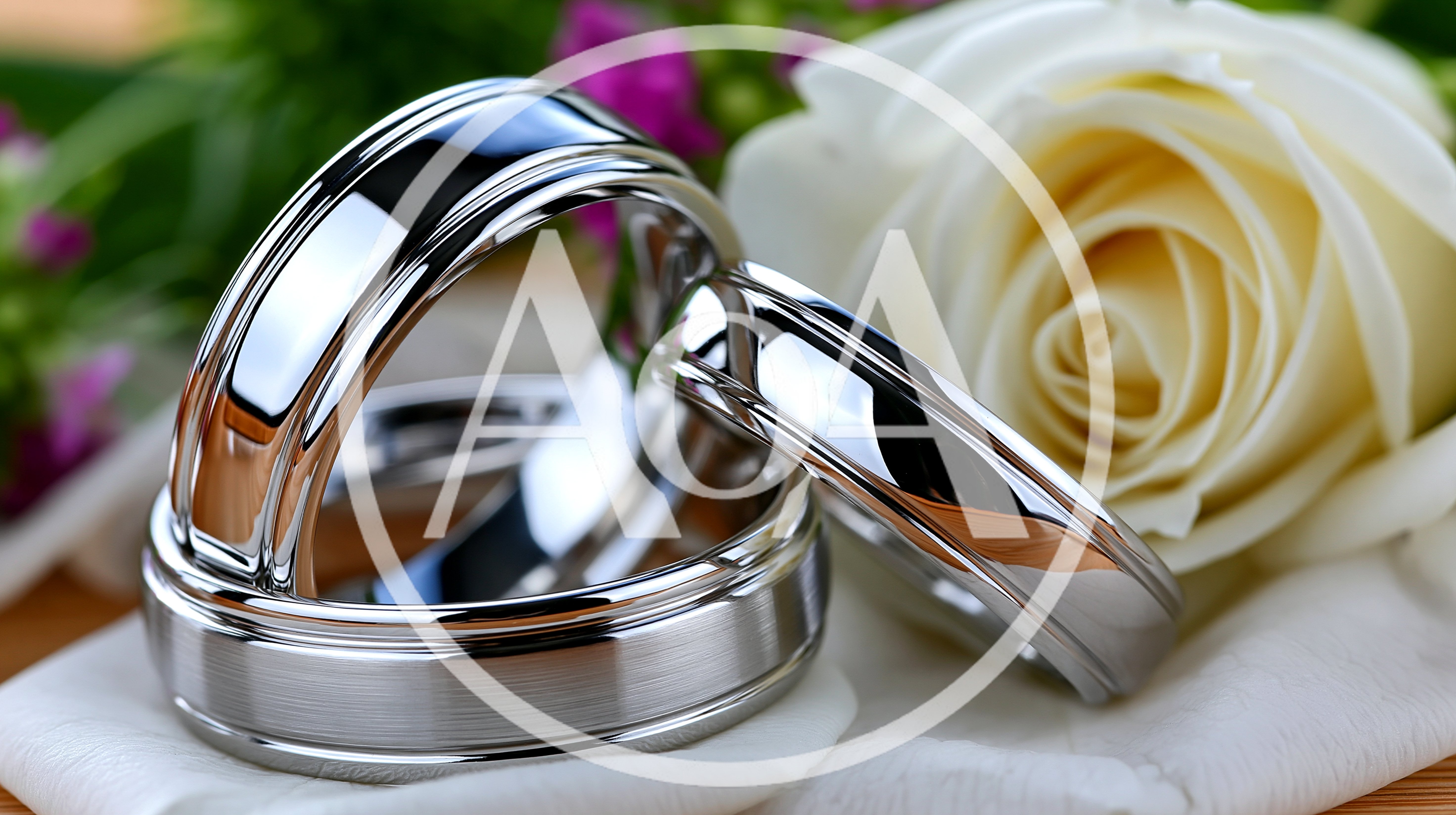 Two Silver Wedding Rings Beside A White Rose
