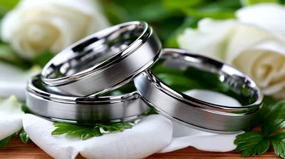 Two Silver Wedding Rings Resting On White Petals