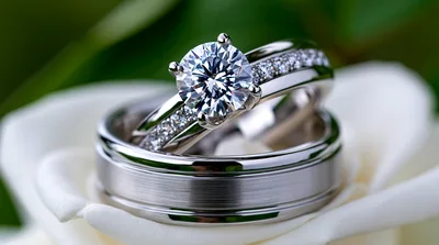 Diamond Engagement Ring And Wedding Band On White Rose